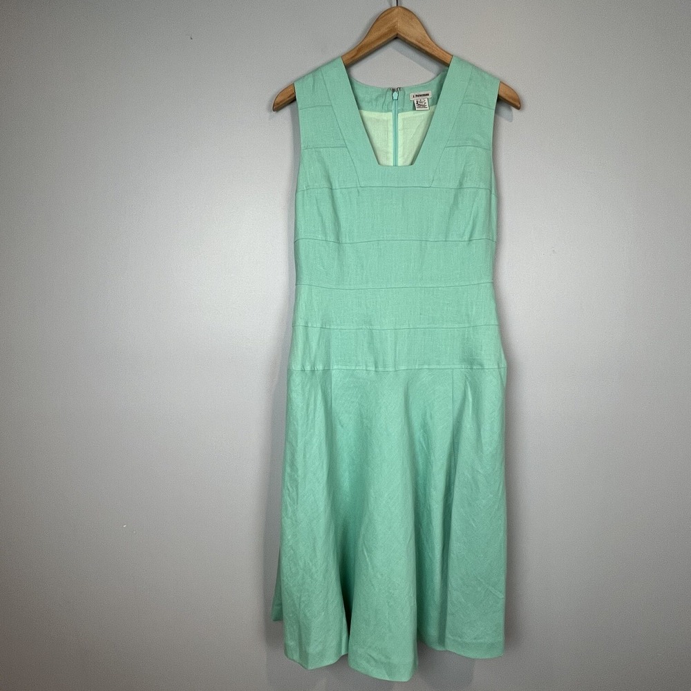 J Peterman Green Linen Dress Womens Size 4 Aquamarine Sleeveless Midi Tea Length